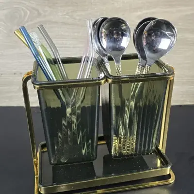 Elegant Cutlery Holder - Gold-Finished Stand Green