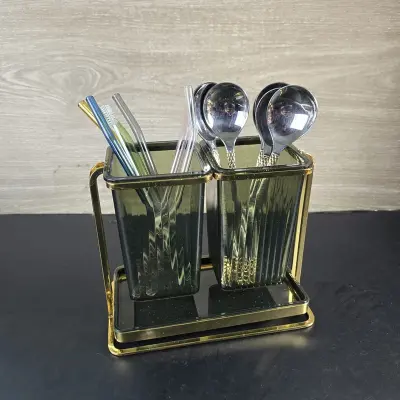 Elegant Cutlery Holder - Gold-Finished Stand Green