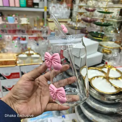Aesthetic 3D Bow-Knot Glass Tumbler with Straw