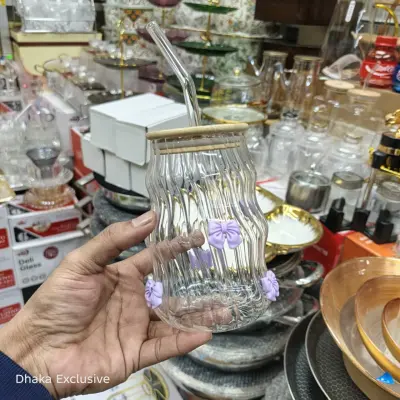 Premium Wavy Ripple Glass Tumbler with 3D Bows & Bamboo Lid secondary