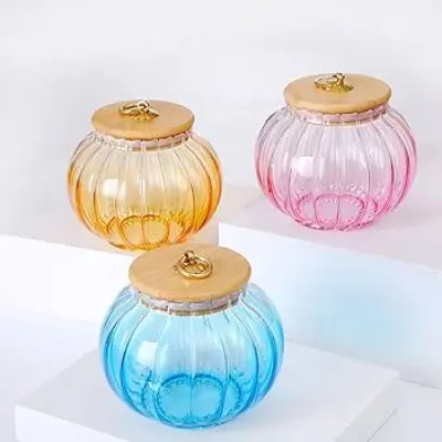 Ribbed Pumpkin Glass Jar with Bamboo Lid