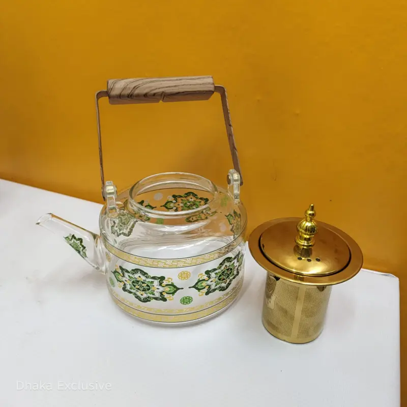 Premium Glass Teapot with Golden Infuser & Wooden Handle
