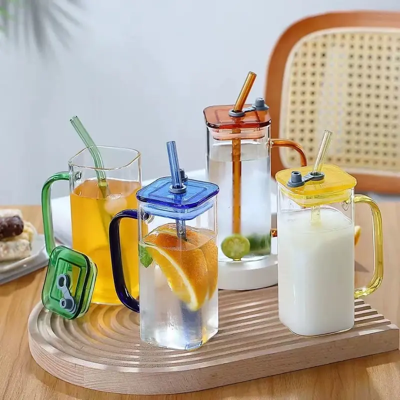 Colorful Glass Mugs with Straw and Lid – 400ml