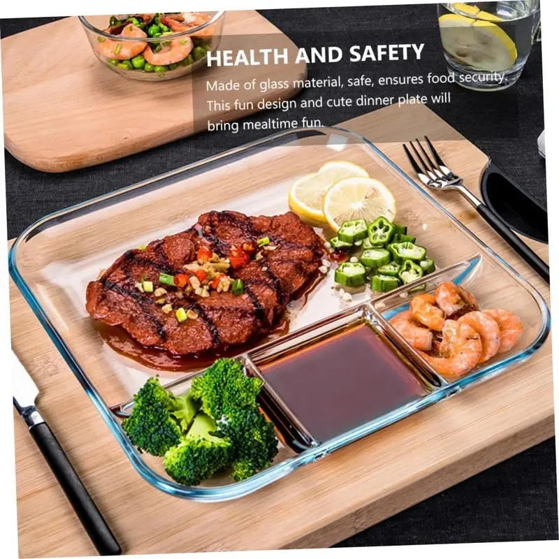 1pc Divided Food Plate - Glass Dinnerware Smooth for Easy Cleaning for Serving Snacks Fruit and Steak Transparent Design Safe for Daily Use Round