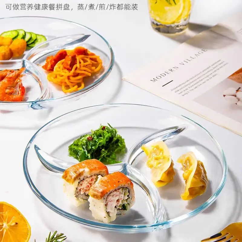 Divided Food Plate - Glass Dinnerware Smooth for Easy Cleaning for Serving Snacks Fruit and Steak Transparent Design Safe for Daily Use squwe
