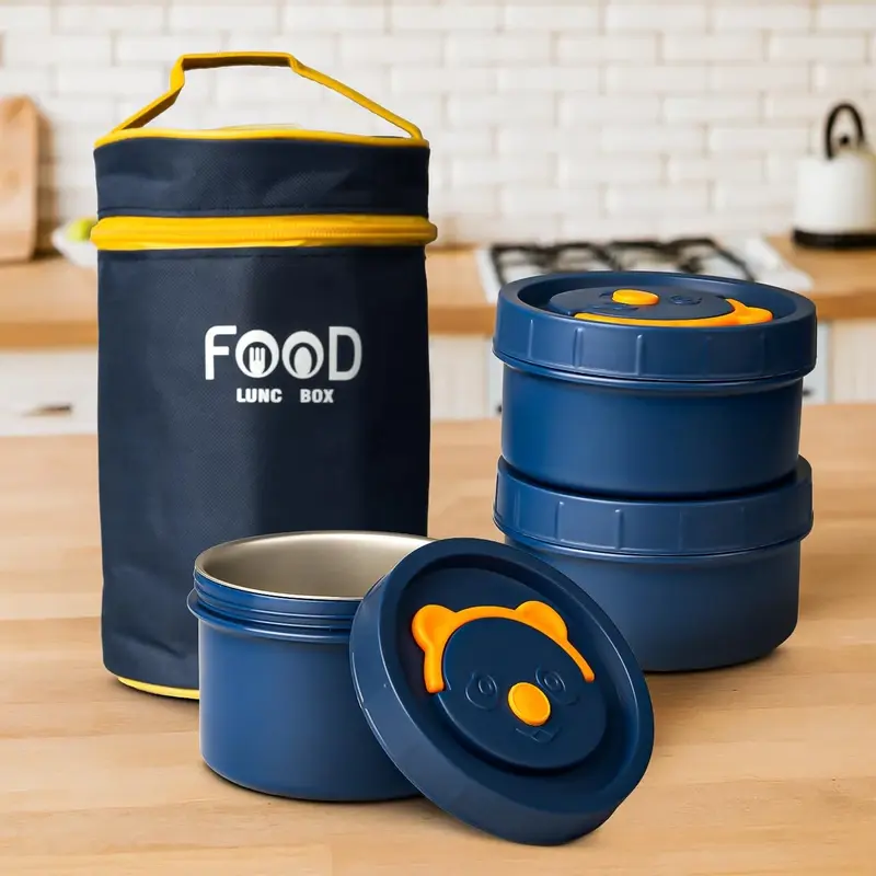 Kids 3-Layer Stainless Steel Insulated Lunch Box Set with Thermal Bag