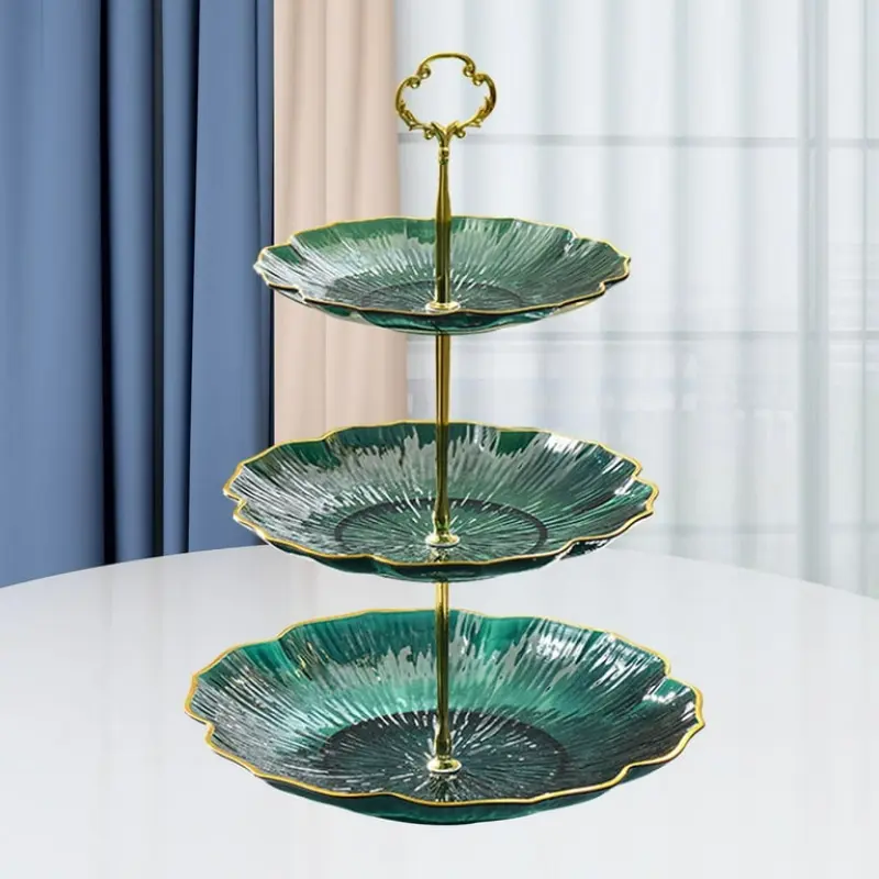 3-Tier Emerald Green Glass Serving Try