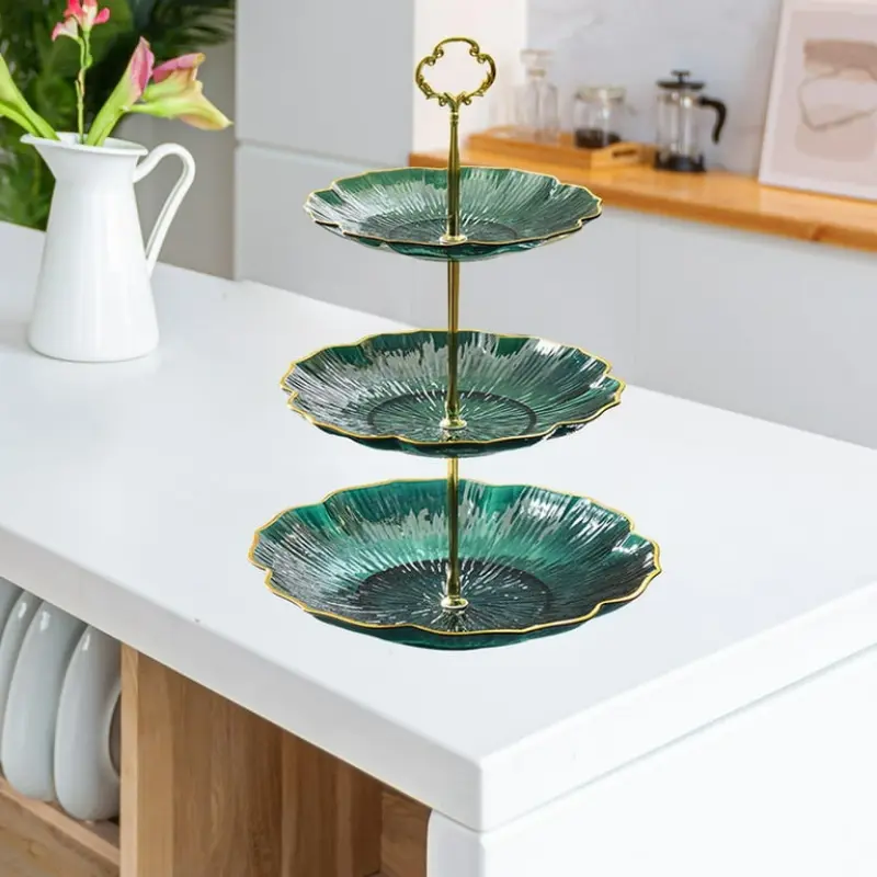 3-Tier Emerald Green Glass Serving Try