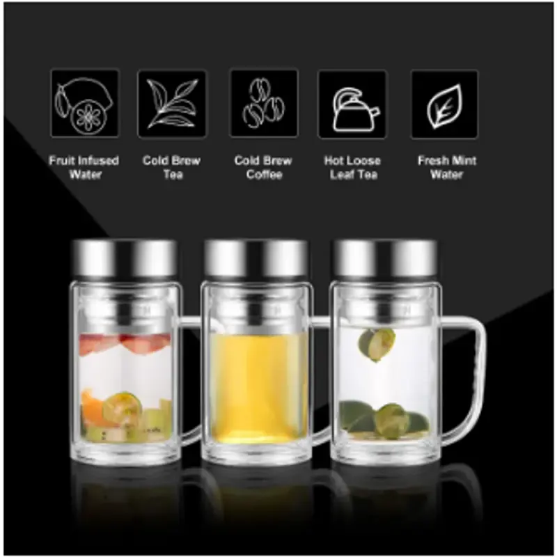 Office Glass Infuser Bottle Tea Tumbler Double Wall Glass Borosilicate Bottle Travel Mug Leakproof Tea Bottle with Strainer Carry Handle