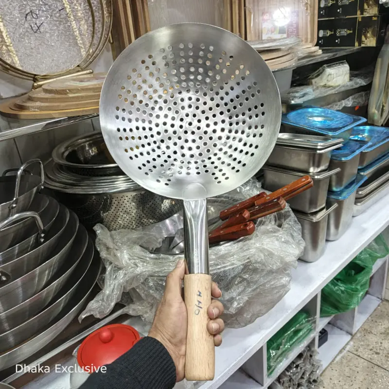 Premium Stainless Steel Spider Strainer with Ergonomic Wooden Handle