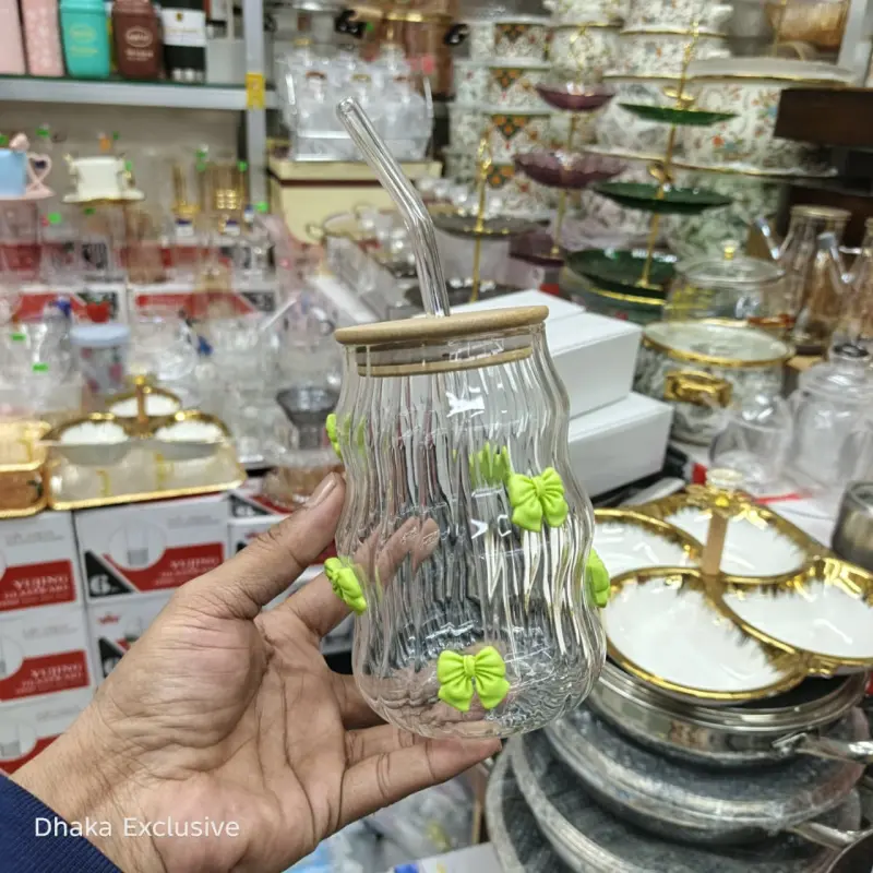 Premium Wavy Ripple Glass Tumbler with 3D Bows & Bamboo Lid