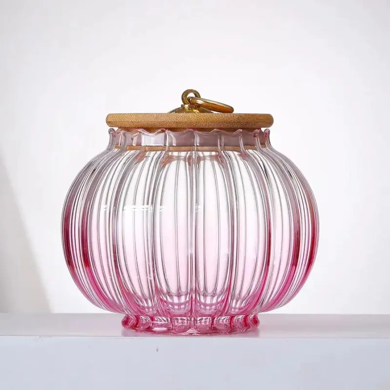 Ribbed Pumpkin Glass Jar with Bamboo Lid